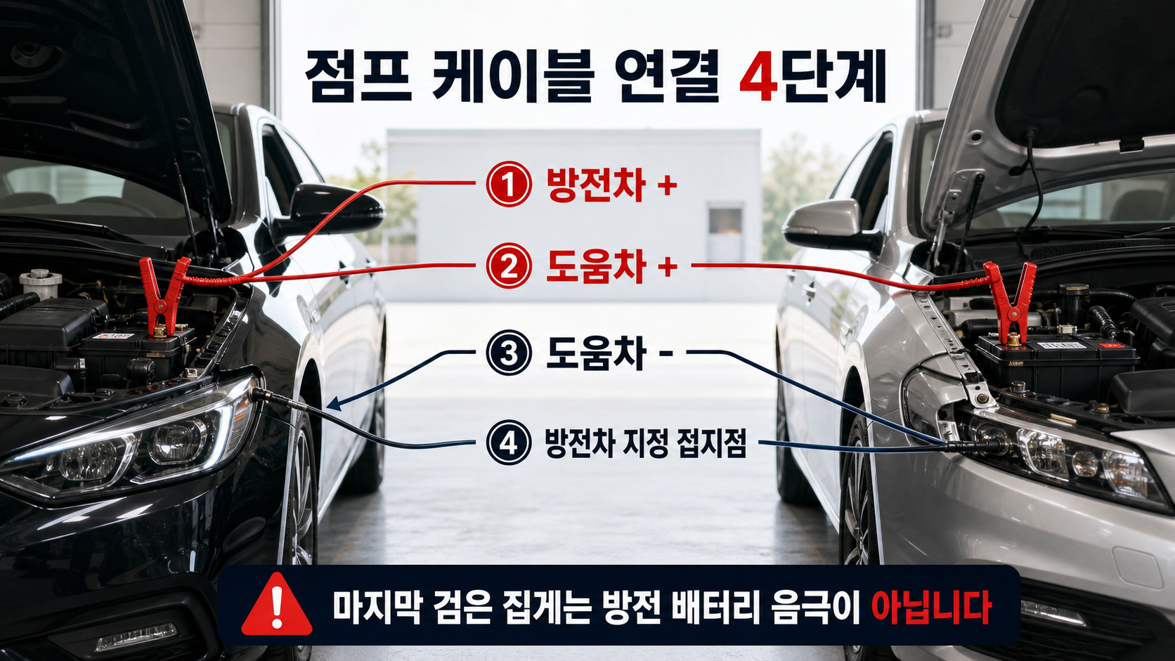 자동차 배터리 방전 점프 케이블 연결 4단계와 역순 분리